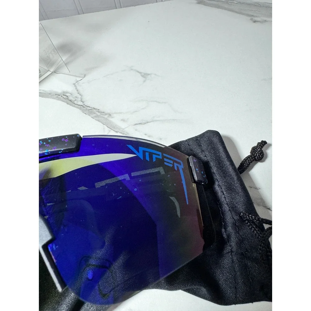 Pit Viper Polarized Sunglasses Blue Mirrored Lens Black Splatter Sport Shield